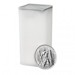 Tuba zawierająca 25 sztuk 1-uncjowych srebrnych monet Little John wydanych w Wielkiej Brytanii w 2022 roku.
