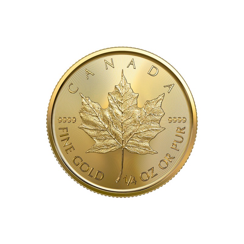 1/4-uncjowa złota moneta o nominale MAPLE LEAF wydana w Kanadzie w 2022 roku.
Monety w stanie menniczym wysyłane w kapslu ochronnym