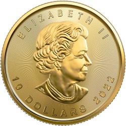 1/4-uncjowa złota moneta o nominale MAPLE LEAF wydana w Kanadzie w 2022 roku.
Monety w stanie menniczym wysyłane w kapslu ochronnym