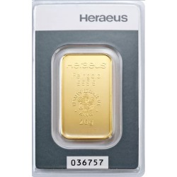 20-gramowa sztabka złota z mennicy Heraeus.
Sztabka umieszczona w oryginalnym opakowaniu z indywidualnym numerem seryjnym.