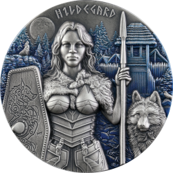 Srebrna moneta 2022 Valkyries: Hildegard 2 oz High Relief została wyemitowana w nakładzie 999 sztuk, wysyłana jest wraz z certyfikatem w drewnianym opakowaniu