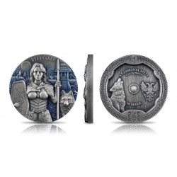 Srebrna moneta 2022 Valkyries: Hildegard 2 oz High Relief została wyemitowana w nakładzie 999 sztuk, wysyłana jest wraz z certyfikatem w drewnianym opakowaniu