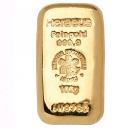 100-gramowa odlewana sztabka złota z mennicy Heraeus.
Sztabka umieszczona w oryginalnym opakowaniu z indywidualnym numerem seryjnym.