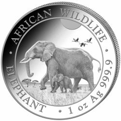 Tuba zawierająca 20 sztuk 1-uncjowych monet o nominale 100 shillings ELEPHANT wydana w Somalii w 2022 roku.
Monety z rynku wtórnego z możliwymi rysami/przebarwieniami/śladami patyny