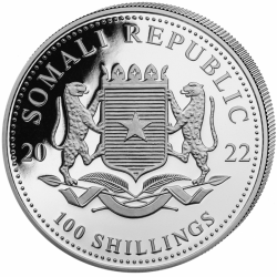 Tuba zawierająca 20 sztuk 1-uncjowych monet o nominale 100 shillings ELEPHANT wydana w Somalii w 2022 roku.
Monety z rynku wtórnego z możliwymi rysami/przebarwieniami/śladami patyny