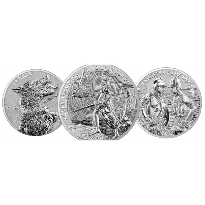 Zestaw zawiera monety wydane przez Germania Mint w 2022 roku:
1-uncjową monetę Fenrir w kapslu z certyfikatem
1-uncjową monetę Knights of the past w blisterpacku z certyfikatem
2-uncjową monetę Germania w blisterpacku z certyfikatem