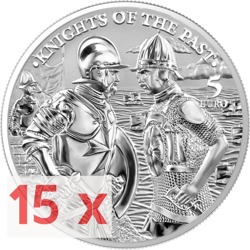 Zestaw 15 srebrnych monet Knights of the Past 1 oz Silver BU wyemitowanych w nakładzie 15 000 sztuk, wysyłane wraz z certyfikatem i blisterpackiem