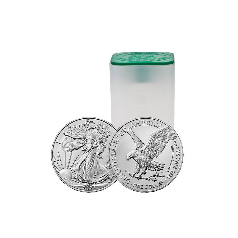 Tuba zawierająca 20 sztuk 1-uncjowych monet Amerykański Orzeł wydana w Stanach Zjednoczonych w 2023 roku.
Monety w stanie menniczym.