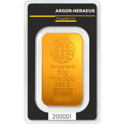 50-gramowa sztabka złota z mennicy Heraeus dostarczana w opakowaniu Heraeus lub Argor-Heraeus
Sztabka umieszczona w oryginalnym opakowaniu z indywidualnym numerem seryjnym.