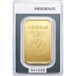 50-gramowa sztabka złota z mennicy Heraeus dostarczana w opakowaniu Heraeus lub Argor-Heraeus
Sztabka umieszczona w oryginalnym opakowaniu z indywidualnym numerem seryjnym.