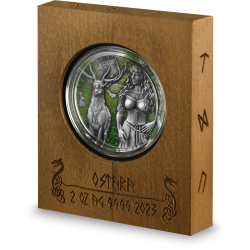 Srebrna moneta 2023 Valkyries: Ostara 2 oz Silver BU ultra HIGH RELIEF została wyemitowana w nakładzie 999 sztuk, wysyłana jest wraz z certyfikatem w dedykowanym drewnianym opakowaniu