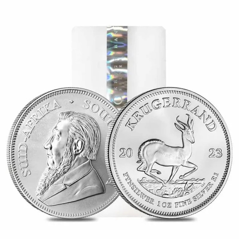 Tuba zawierająca 25 sztuk 1-uncjowych monet Krugerrand wydanych w RPA w 2023 roku.
Monety w stanie menniczym, tuba zabezpieczona hologramem.