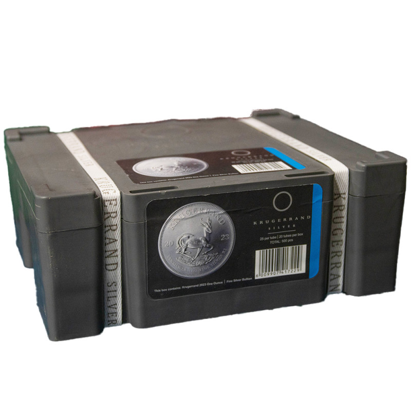 Zestaw 20 tub zawierających łącznie 500 sztuk 1-uncjowych monet Krugerrand wydanych w RPA w 2024 roku.
Monety w stanie menniczym z banderolą.