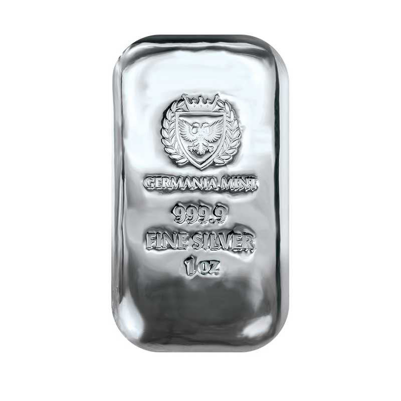 1-uncjowa sztabka srebra zafoliowana próżniowo wyprodukowana przez Germania Mint.
