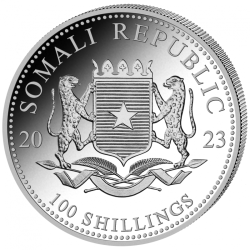 1-uncjowa moneta o nominale 100 shillings ELEPHANT wydana w Somalii w 2023 roku.
Monety w stanie menniczym.
