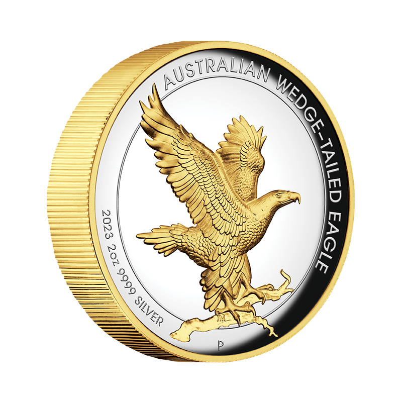 2-uncjowa moneta WEDGE-TAILED EAGLE w wersji pozłacanej w kapslu oraz ozdobnym opakowaniu wydana w Australii w 2023 roku.
Monety w stanie menniczym.