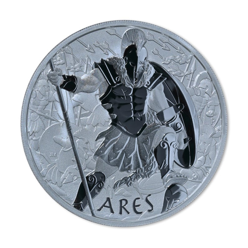 1-uncjowa moneta o nominale 1$ Ares z serii Bogowie Olimpu wydana na wyspach Tuvalu w 2023 roku.
Monety w stanie menniczym.