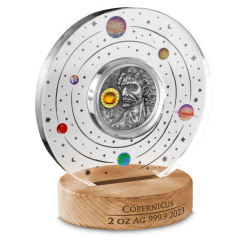 Srebrna moneta 2023 Copernicus 2 oz Silver BU z bursztynem w miejscu słońca została wyemitowana w nakładzie 1 473 sztuk.
Do monety dołączone jest opakowanie oraz certyfikat