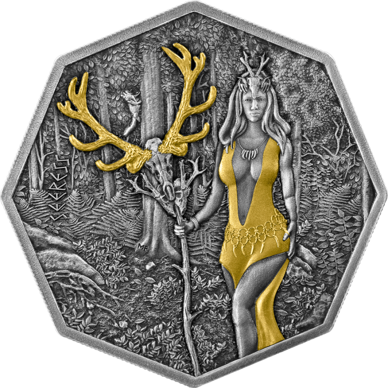 2023 Witchcraft: Seeress 1 oz Silver BU otwiera kolekcję germańskich czarodziejek, które przepowiadały przyszłość, odstraszały złe duchy i miały rozległą wiedzę botaniczną. Jasnowidząca zajmowała wyjątkowe miejsce w sercach zarówno bogów, jak i ludzi, a nawet potężny bóg Odyn szukał jej rady.
Moneta z wykończeniem Yellow Gold oraz Antique Finish,wysyłana w kapslu z certyfikatem i opakowaniem
