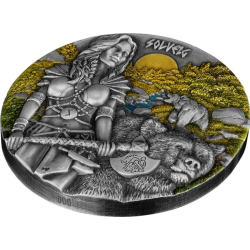 Srebrna moneta 2024 Valkyries: Solveigd 2 oz High Relief została wyemitowana w nakładzie 999 sztuk, wysyłana jest wraz z certyfikatem w drewnianym opakowaniu