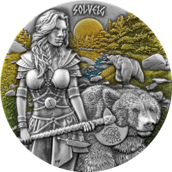 Srebrna moneta 2024 Valkyries: Solveigd 2 oz High Relief została wyemitowana w nakładzie 999 sztuk, wysyłana jest wraz z certyfikatem w drewnianym opakowaniu