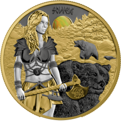 Srebrna moneta 2024 Valkyries: Solveig Valhalla 1 oz Silver BU emitowana w nakładzie 999 sztuk z Certyfikatem Autentyczności, umieszczona w kapslu z soczewką i specjalnym blistrze.