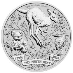 Najnowsza moneta, wydana z okazji 125. rocznicy powstania Perth Mint w 2024 roku, upamiętnia wyjątkowe wydarzenie.
Na awersie monety widnieją kangur, kukabura i koala, pięknie ułożeni wśród złotej plecionki oraz kwiatowego godła Australii. Subtelnie umieszczony napis „1899 THE PERTH MINT 2024” znajduje się na zwoju u dołu motywu, co podkreśla znaczenie mennicy. Dodatkowo, moneta zawiera także znak mennicy „P125” oraz informacje o wadze, próbie i dacie roku wybicia, dopełniając swoją wyjątkowość i wartość kolekcjonerską.