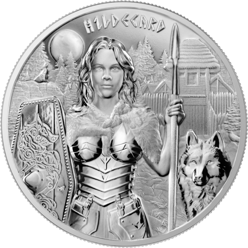 Srebrna moneta 2022 Valkyries: Hildegard 1 oz Silver BU została wyemitowana w nakładzie 25 000 sztuk.
