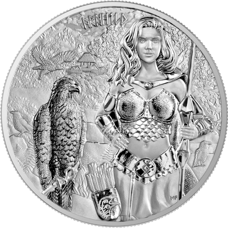 Srebrna moneta 2025 Valkyries: Arnhild 1 oz Silver BU została wyemitowana w nakładzie 25 000 sztuk.
Do monety dołączony jest certyfikat