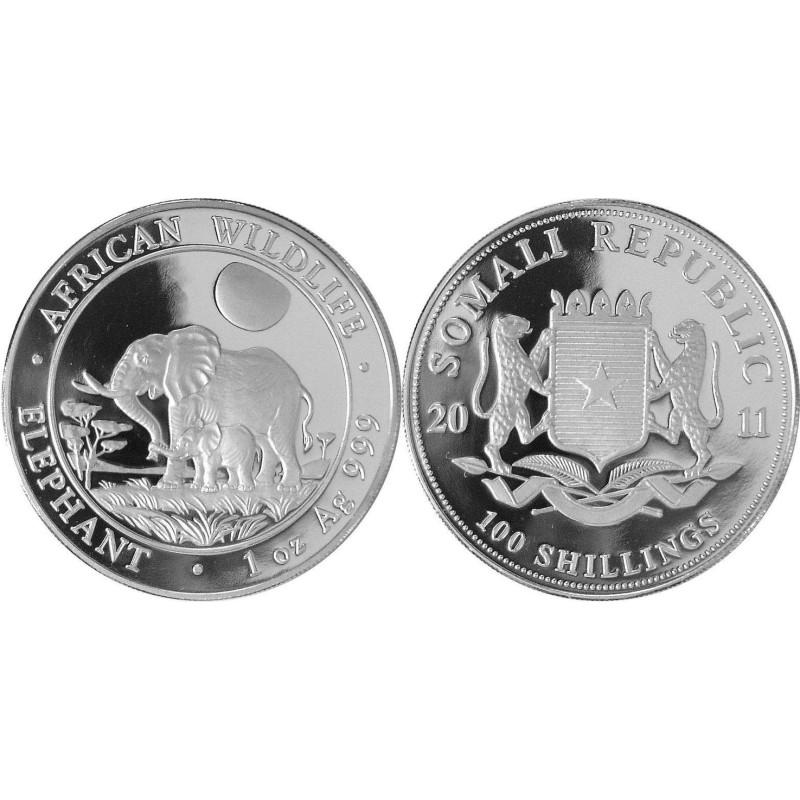 1-uncjowa moneta o nominale 100 shillings ELEPHANT wydana w Somalii w 2011 roku.
Na monetach możliwe milk spoty
Opakowanie: kapsel