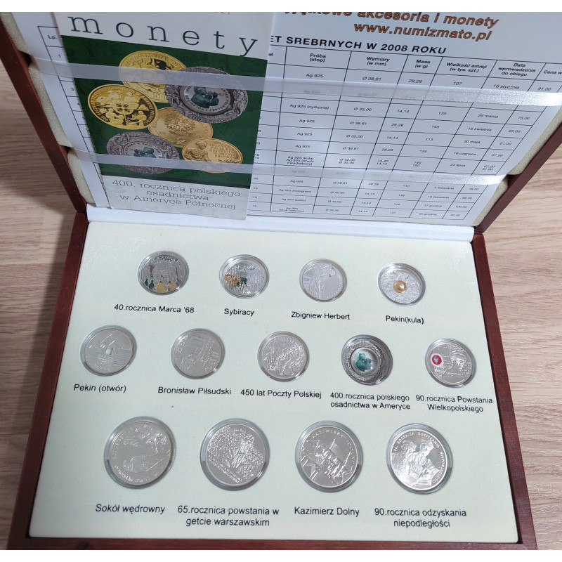 Kompletny zestaw srebrnych monet o nominałach 10zł i 20zł wydanych przez NBP w 2008 roku w pamiątkowym opakowaniu.
Monety w stanie menniczym.