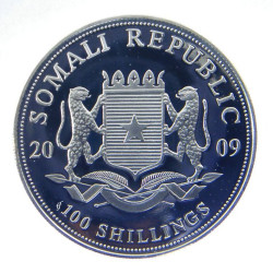 1-uncjowa moneta o nominale 100 shillings ELEPHANT wydana w Somalii w 2009 roku.
Stan: ślady milk spotów.
Opakowanie: kapsel