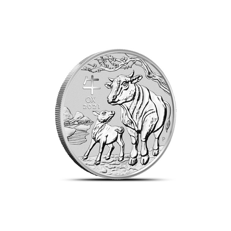 1-uncjowa moneta Rok Bawoła wydana w Australii w 2021 roku.
Monety w stanie menniczym.