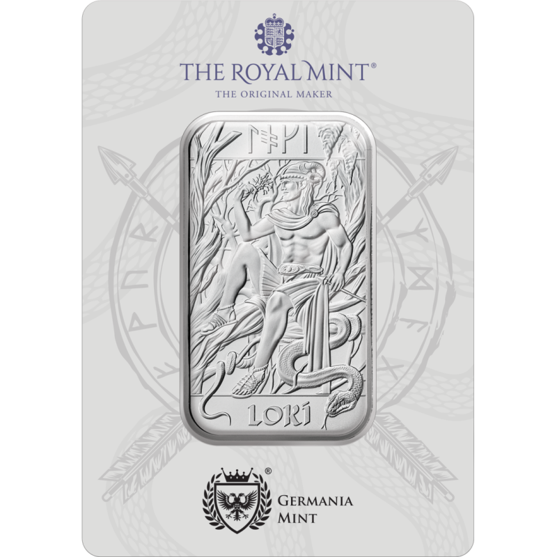 1-uncjowa sztabka srebra zapakowana w blistrze wyprodukowana przez Royal Mint.
