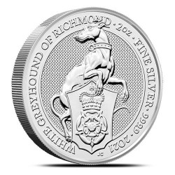 2-uncjowa moneta White Greyhound of Richmond wydana w Wielkiej Brytanii w 2021 roku.
Monety z widocznymi rysami i/lub patyną


