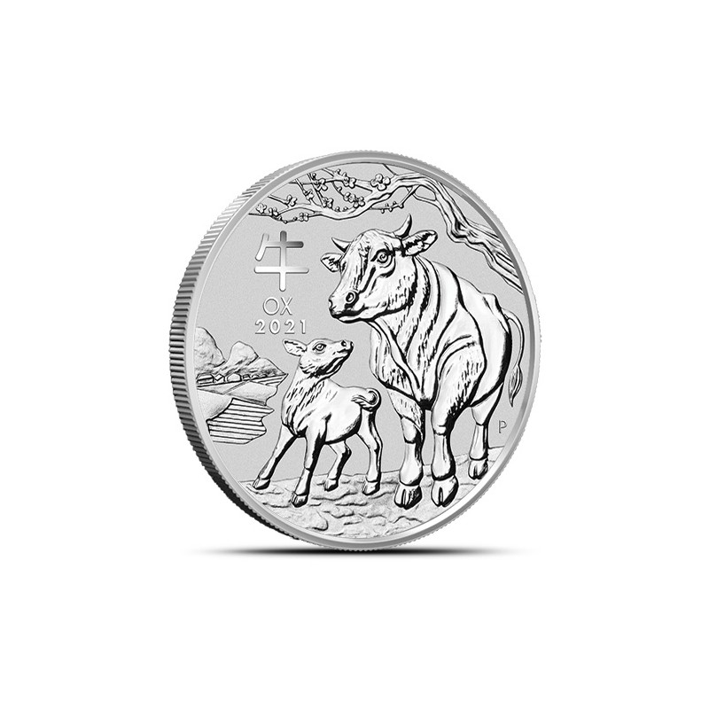2-uncjowa moneta Rok Bawoła wydana w Australii w 2021 roku.
Monety w stanie menniczym.