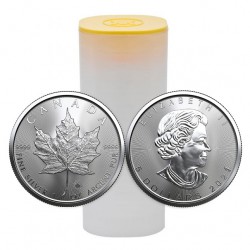 Tuba zawierająca 25 sztuk 1-uncjowych monet o nominale 5$ MAPLE LEAF wydanych w Kanadzie w 2024 roku.Monety w stanie menniczym.