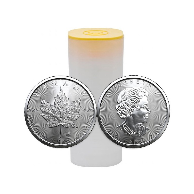 Tuba zawierająca 25 sztuk 1-uncjowych monet o nominale 5$ MAPLE LEAF wydanych w Kanadzie w 2023 roku.
Monety w stanie menniczym.