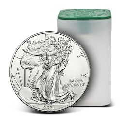 Tuba zawierająca 20 sztuk 1-uncjowych monet Amerykański Orzeł wydana w Stanach Zjednoczonych w 2021 roku.
Monety w stanie menniczym.