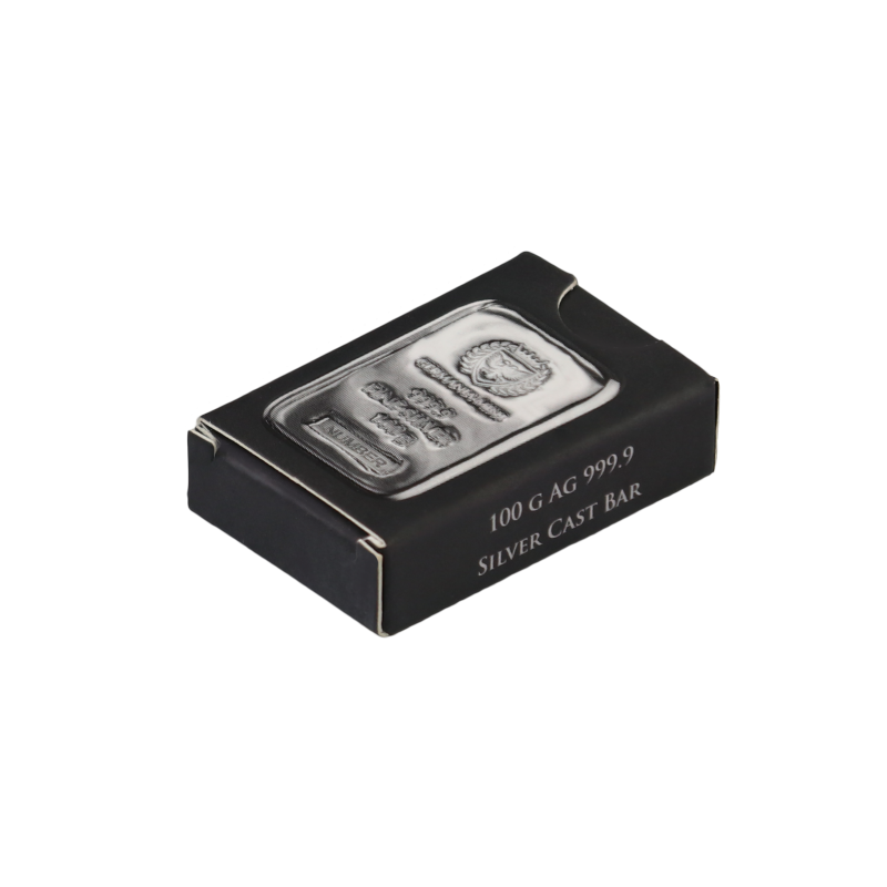 100-gramowa sztabka srebra w ozdobnym pudełku wyprodukowana przez Germania Mint.
