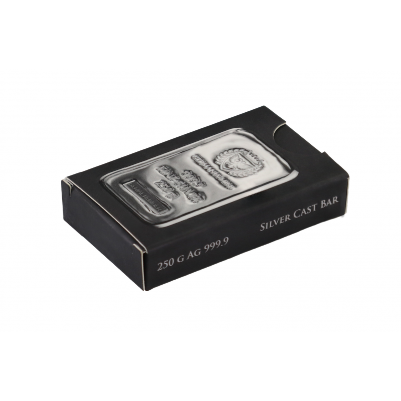 250-gramowa sztabka srebra w ozdobnym pudełku wyprodukowana przez Germania Mint.
