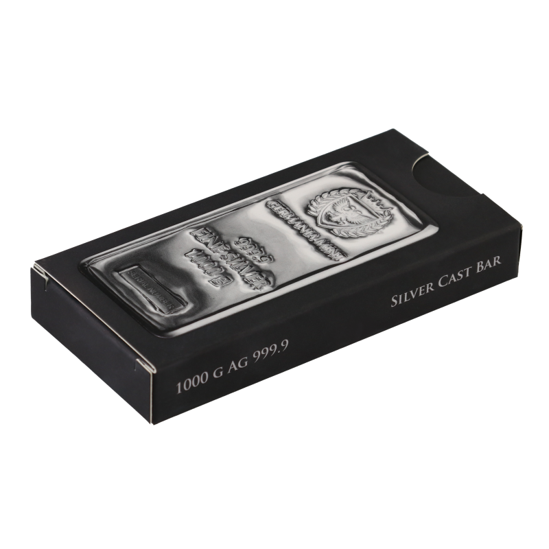 1000-gramowa sztabka srebra w ozdobnym pudełku wyprodukowana przez Germania Mint.
