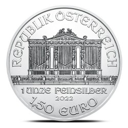 Zestaw 5 tub zawierających łącznie 100 sztuk 1-uncjowych monet Wiener Philharmoniker wydanych w Austrii w 2022 roku.
Monety w stanie menniczym z banderolą.