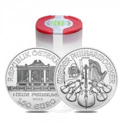 Tuba zawierająca 20 sztuk 1-uncjowych monet Wiener Philharmoniker wydanych w Austrii w 2022 roku.
Monety w stanie menniczym.
